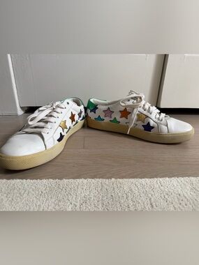Saint Laurent ‘Court’ Leather Low Sneakers with Multicolor Stars